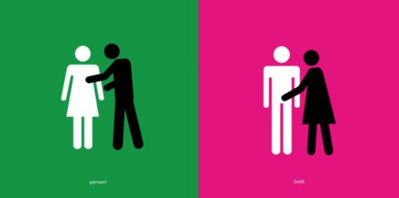 A pictogram showing how similar behavior is judged as 'perverted' for one gender and 'bold' for another