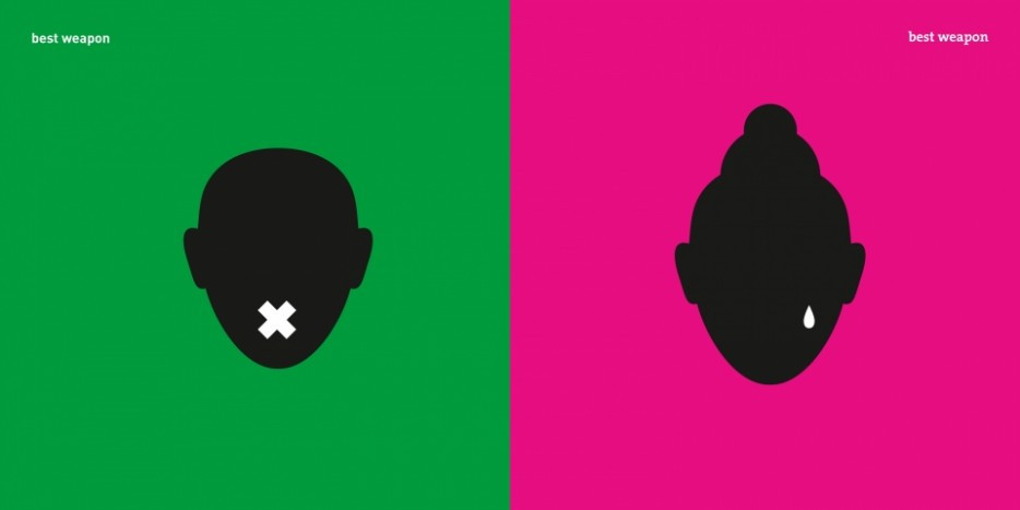 A pictogram showing a woman holding a frying pan as her weapon and a man holding a briefcase